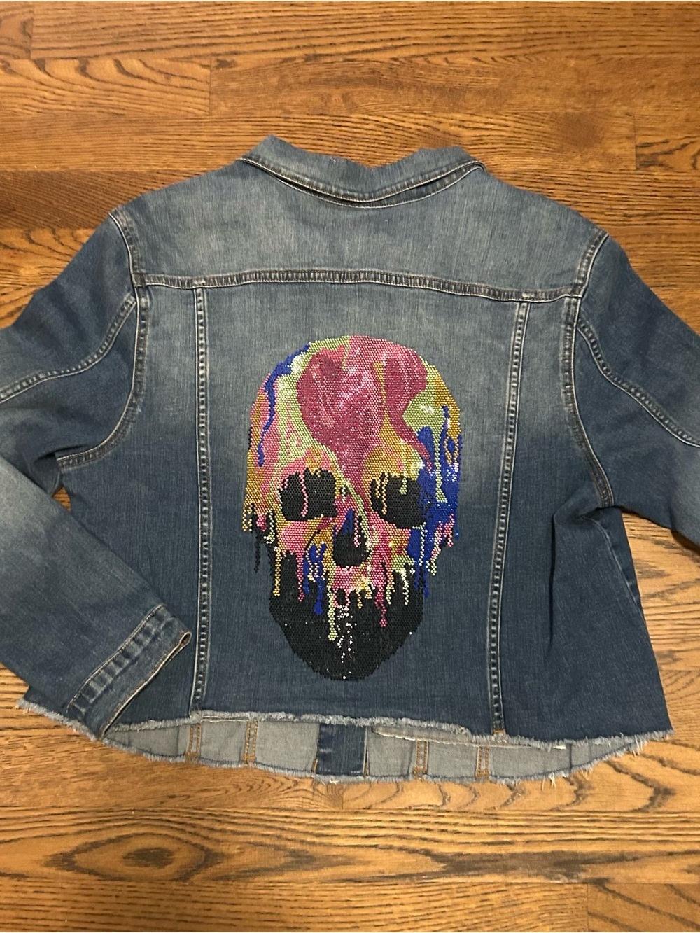 Denim Jacket with Multicolor Sequin Drip Skull custom by designer xoxoE